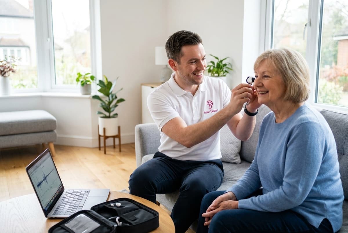 A Hear Better audiologist carrying out a home hearing test for a customer in her living room