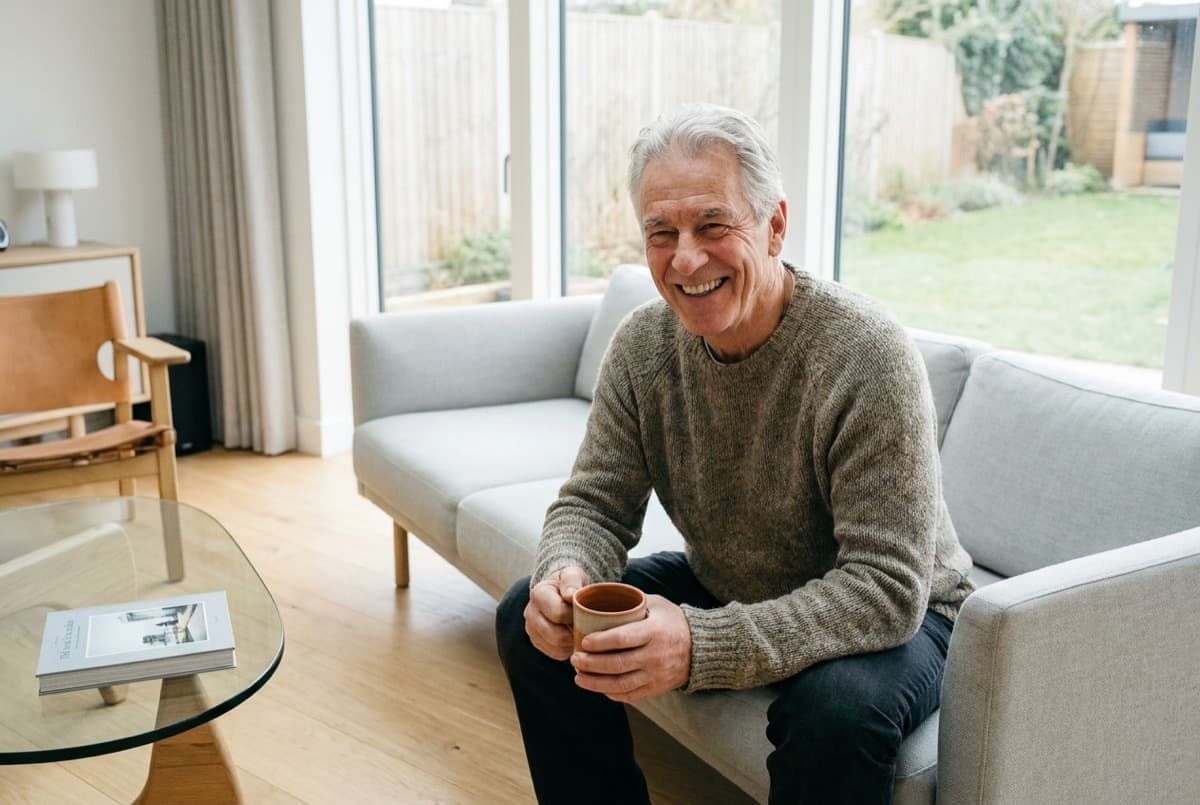A relaxed Hear Better customer at home after a hearing appointment