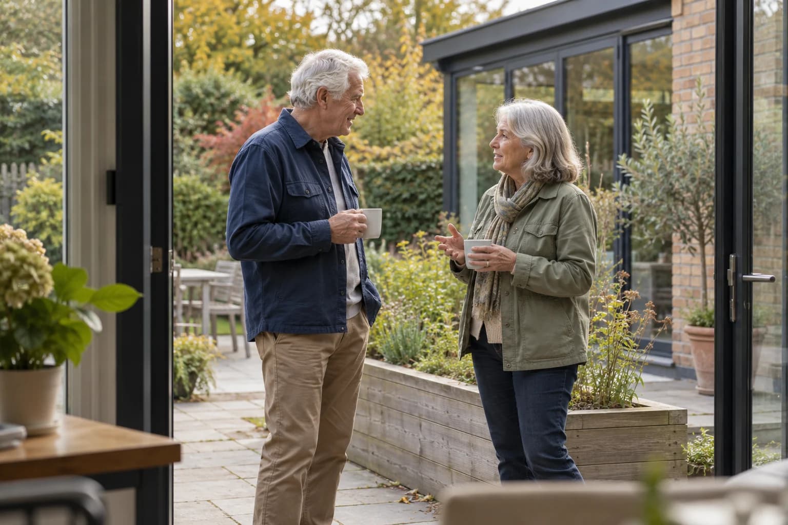 Two older adults chatting face to face on a bright garden patio