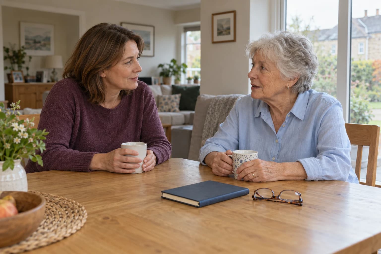 An older adult and her daughter talking face to face at a dining table