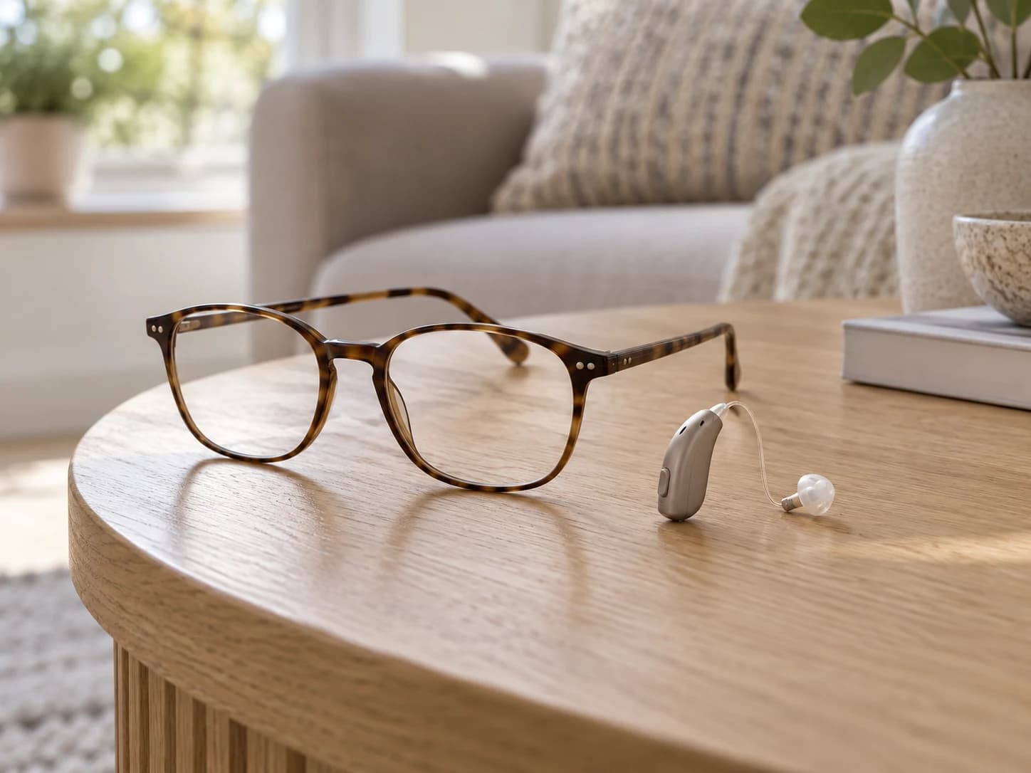 Tortoiseshell glasses beside a small receiver-in-canal hearing aid on an oak table in a bright modern home