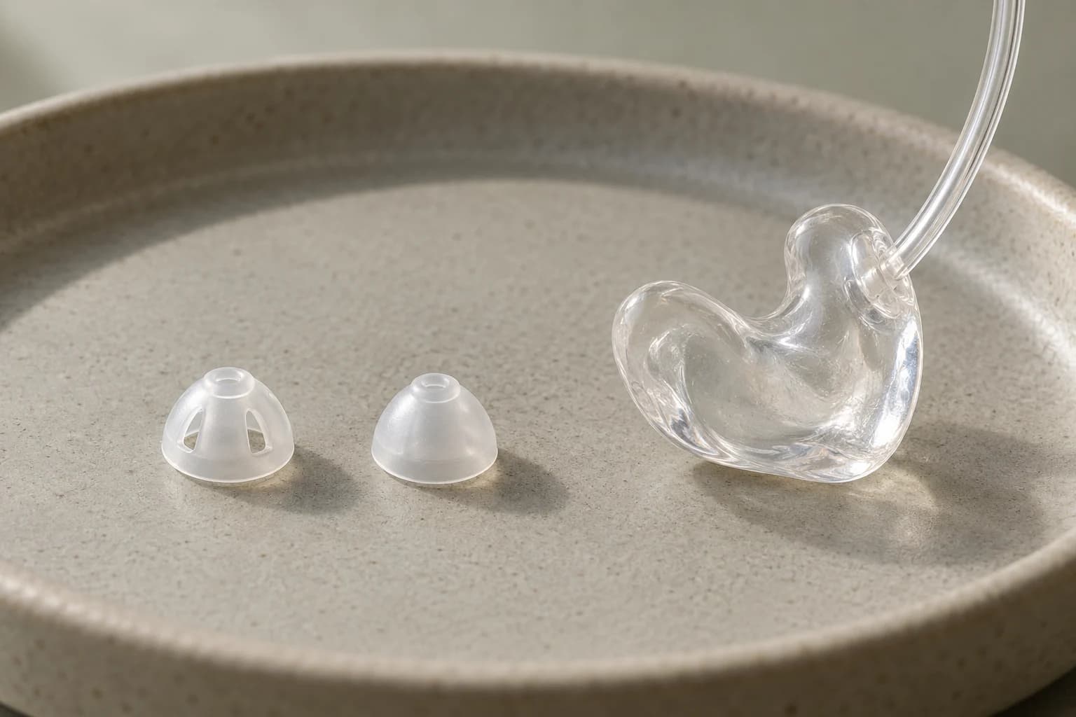 Two translucent hearing-aid domes beside a clear custom-style earmould with acoustic tubing