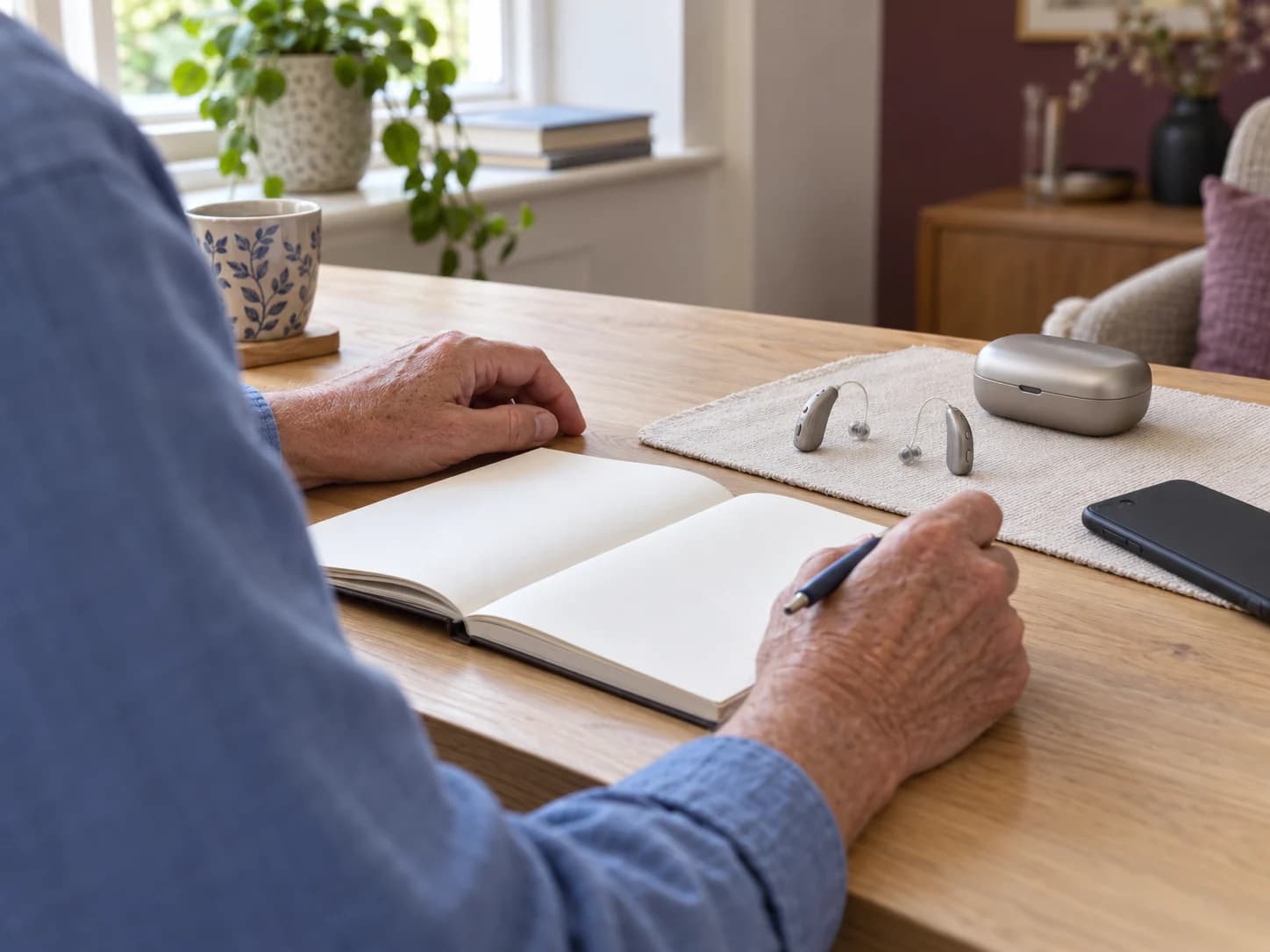 Hands beside an open notebook, with two hearing aids, a closed case and a phone on a home desk