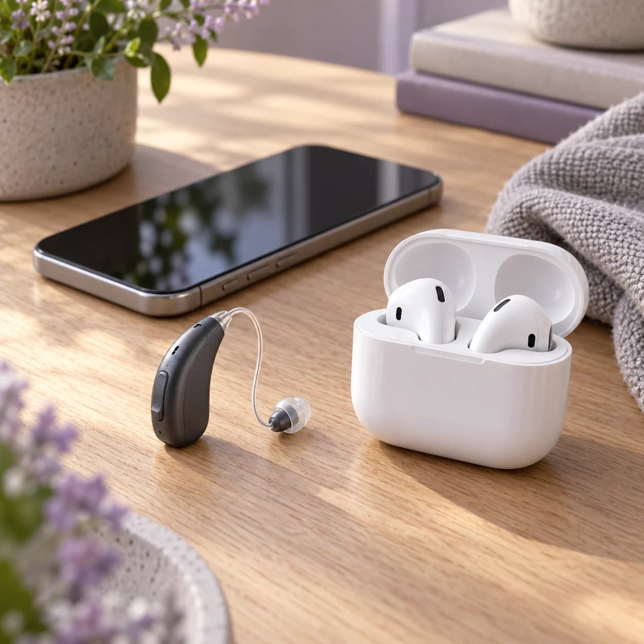A graphite receiver-in-canal hearing aid beside white wireless earbuds in a case and a phone