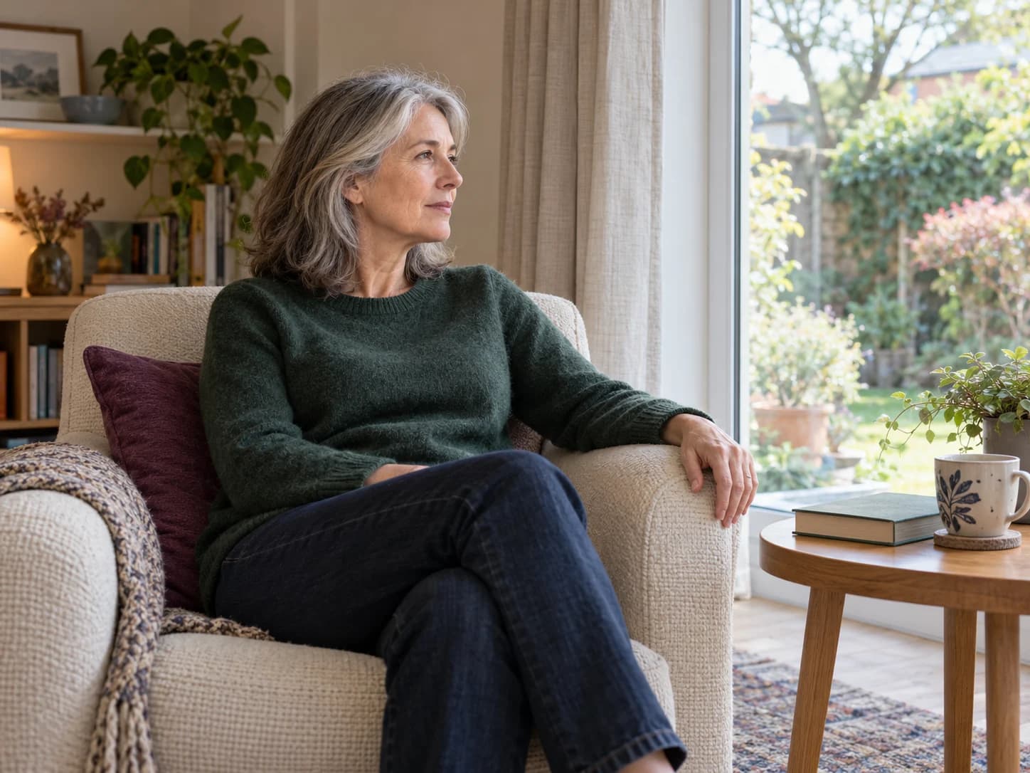 Woman in a green jumper sitting beside a bright garden window, with a closed book and mug nearby