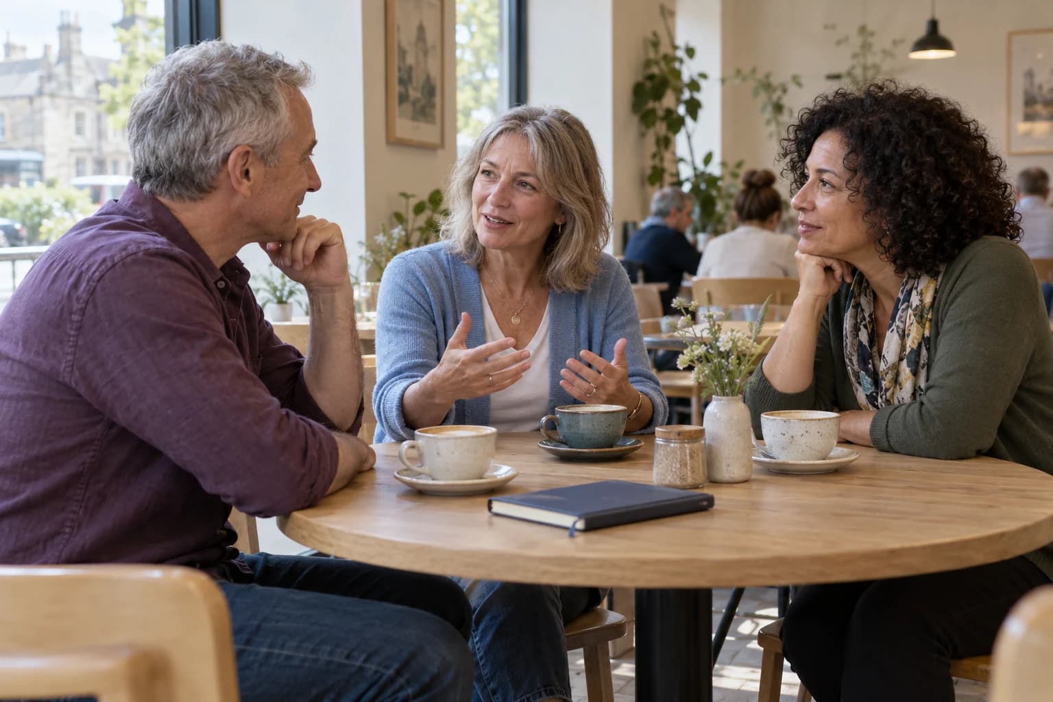 Three adults talking around a table in a bright contemporary café