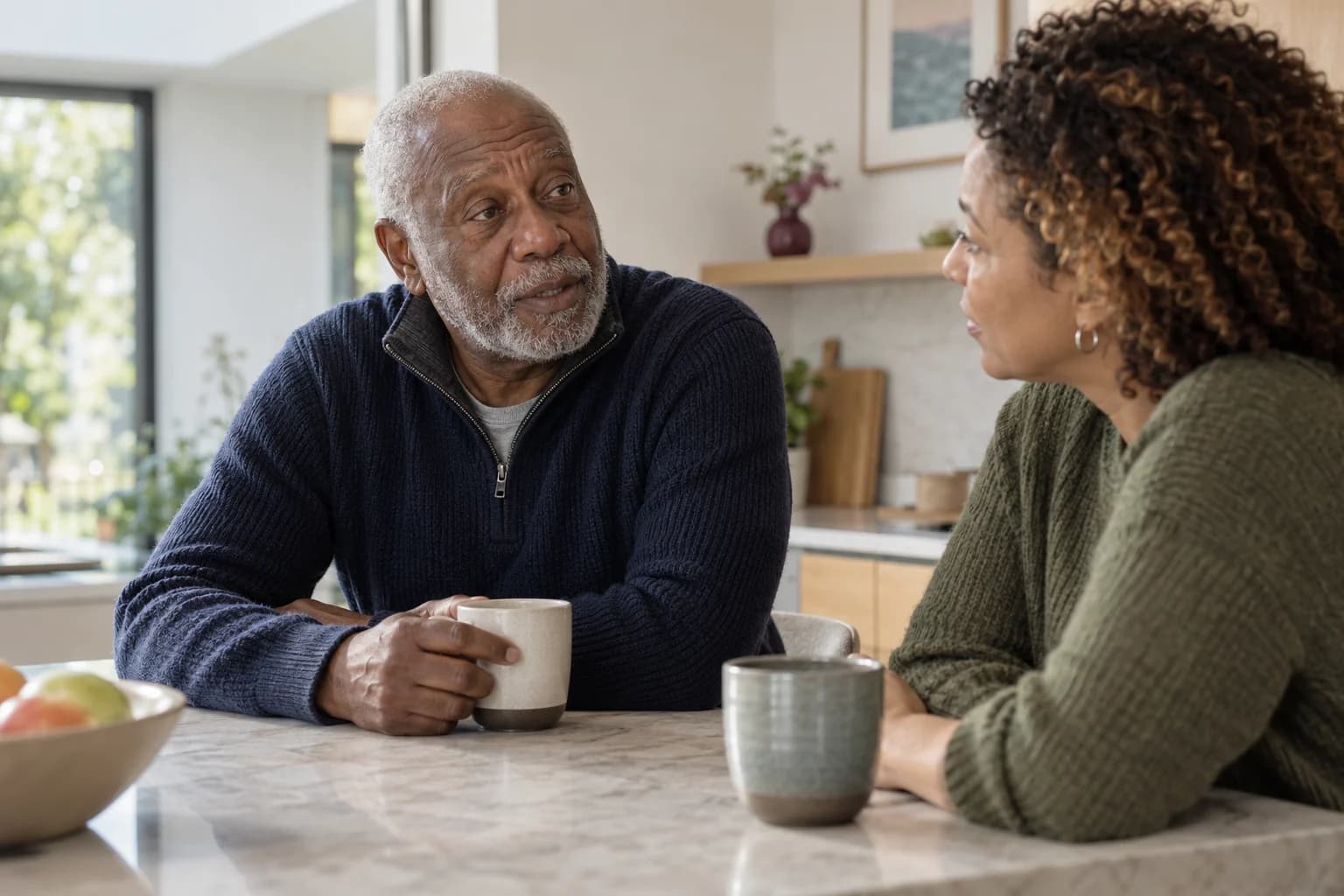 An older man and a woman facing each other in conversation at a bright modern kitchen island