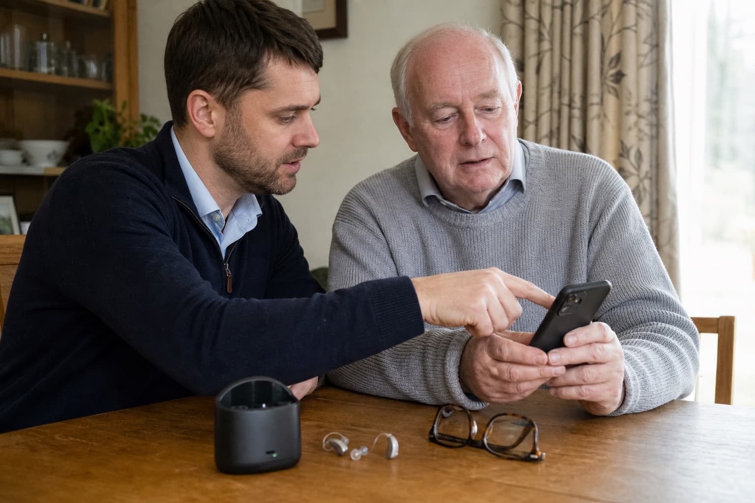 Audiologist helping an older man check smartphone compatibility with his hearing aids at home