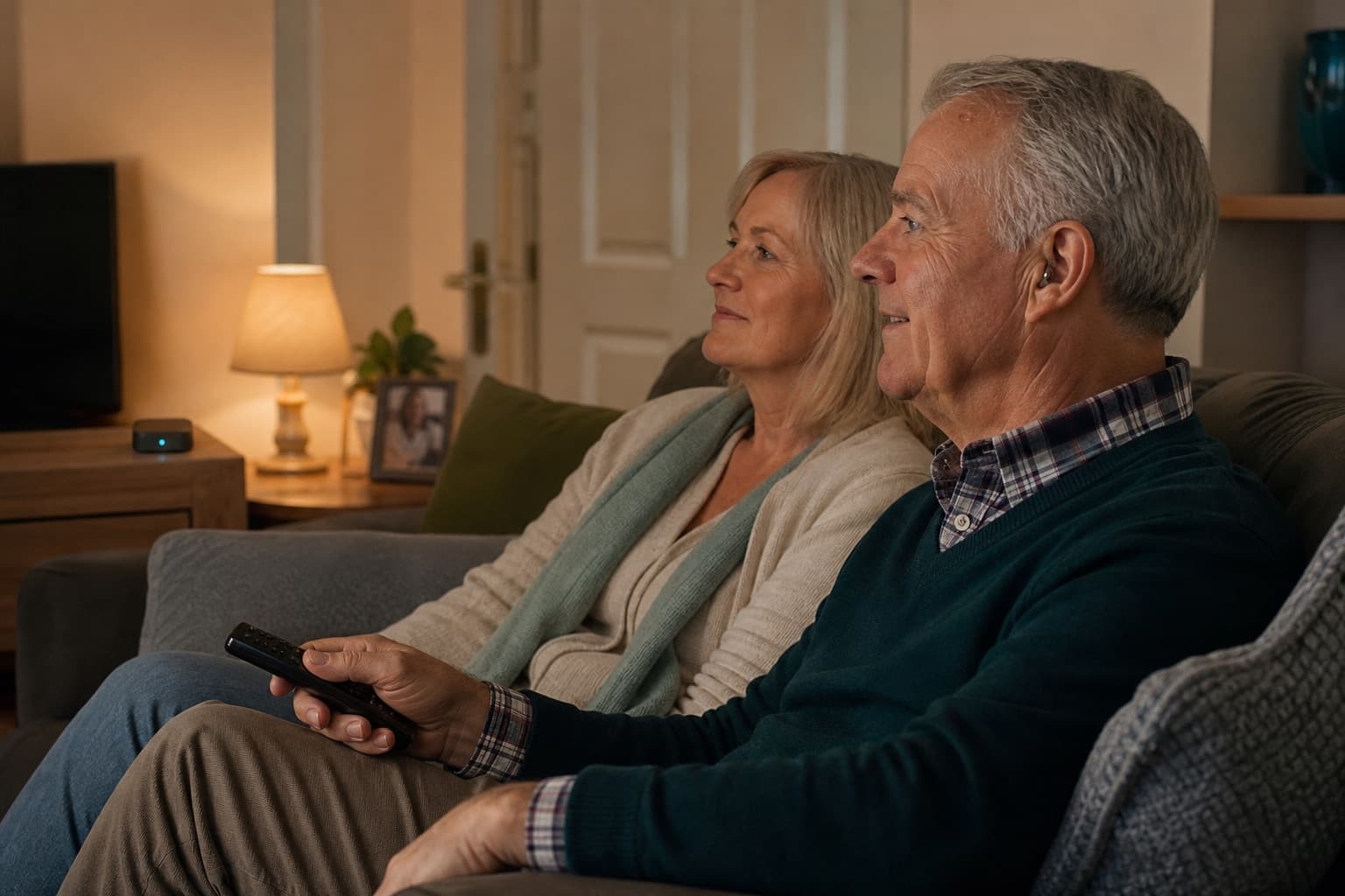 Older couple watching television while one partner uses a hearing aid and TV streaming accessory