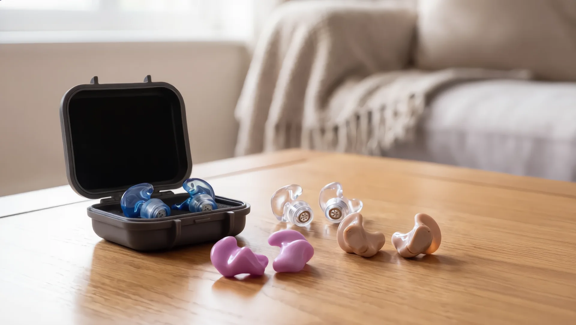 Several custom ear moulds and filtered hearing-protection plugs arranged on a table
