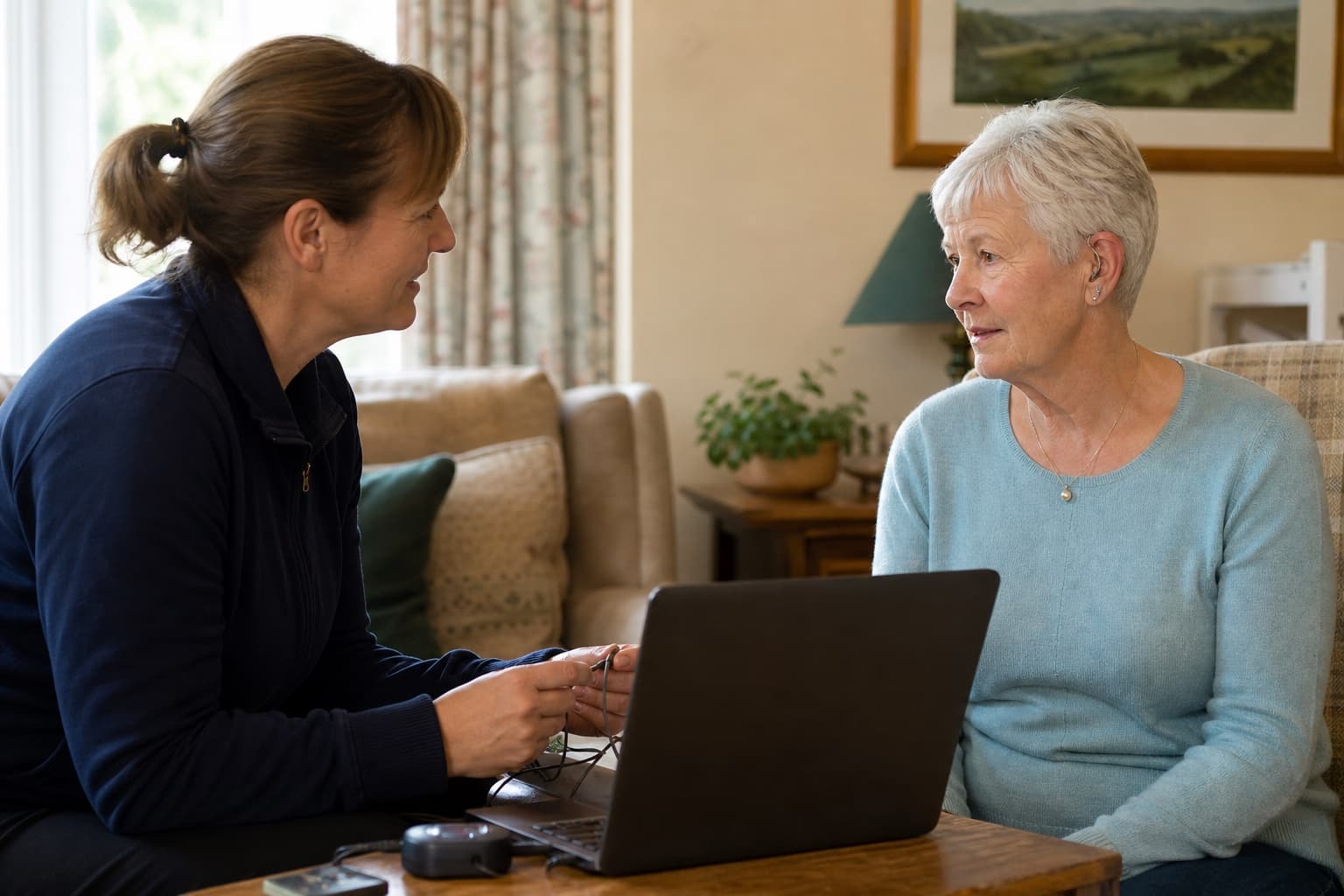 Hearing care professional reviewing an older hearing-aid wearer's experience during a follow-up home visit