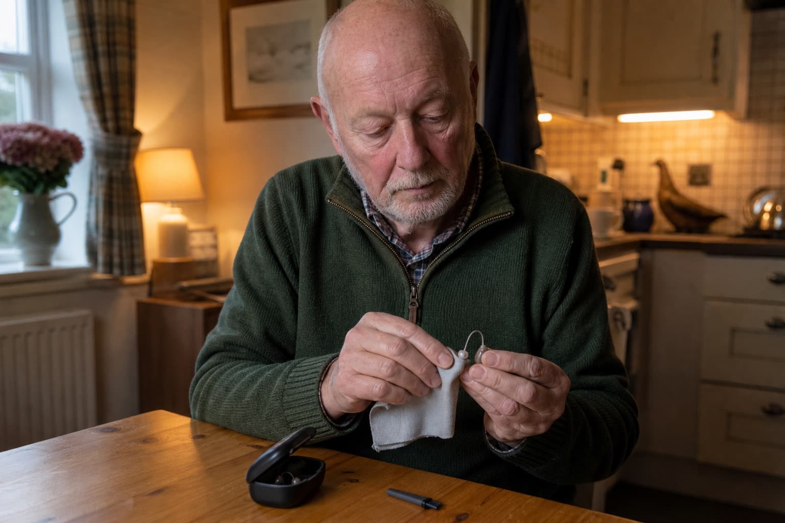 Older man cleaning a receiver-in-canal hearing aid with a dry cloth at home