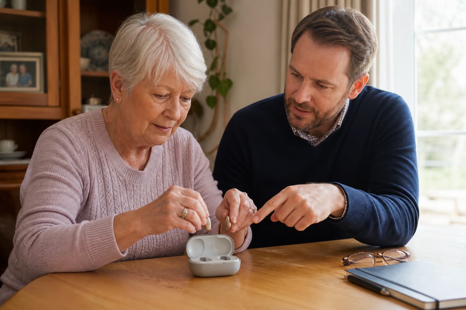 Older woman learning to place rechargeable hearing aids into their charging case at home