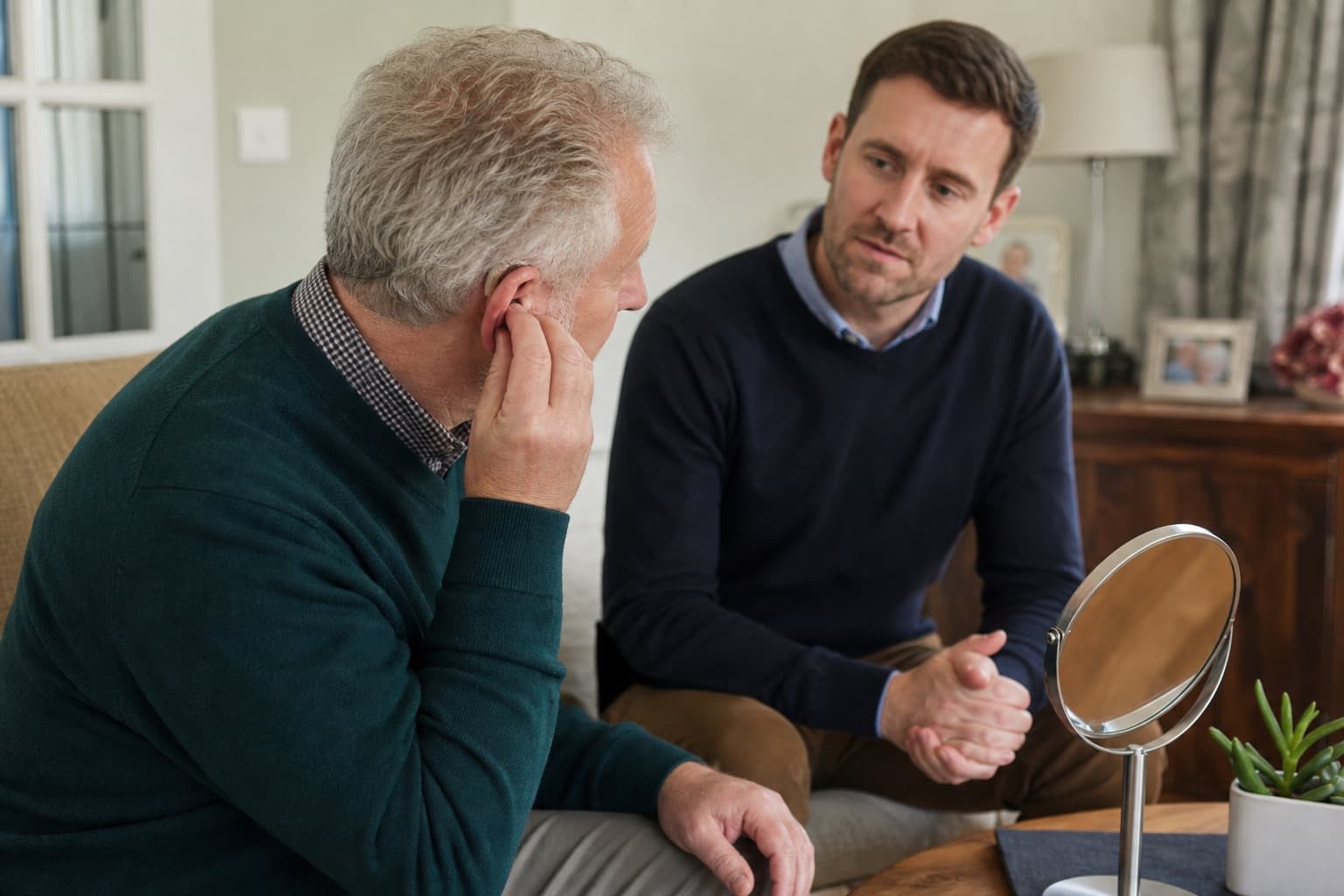 Older man practising how to insert his hearing aid during a home fitting appointment