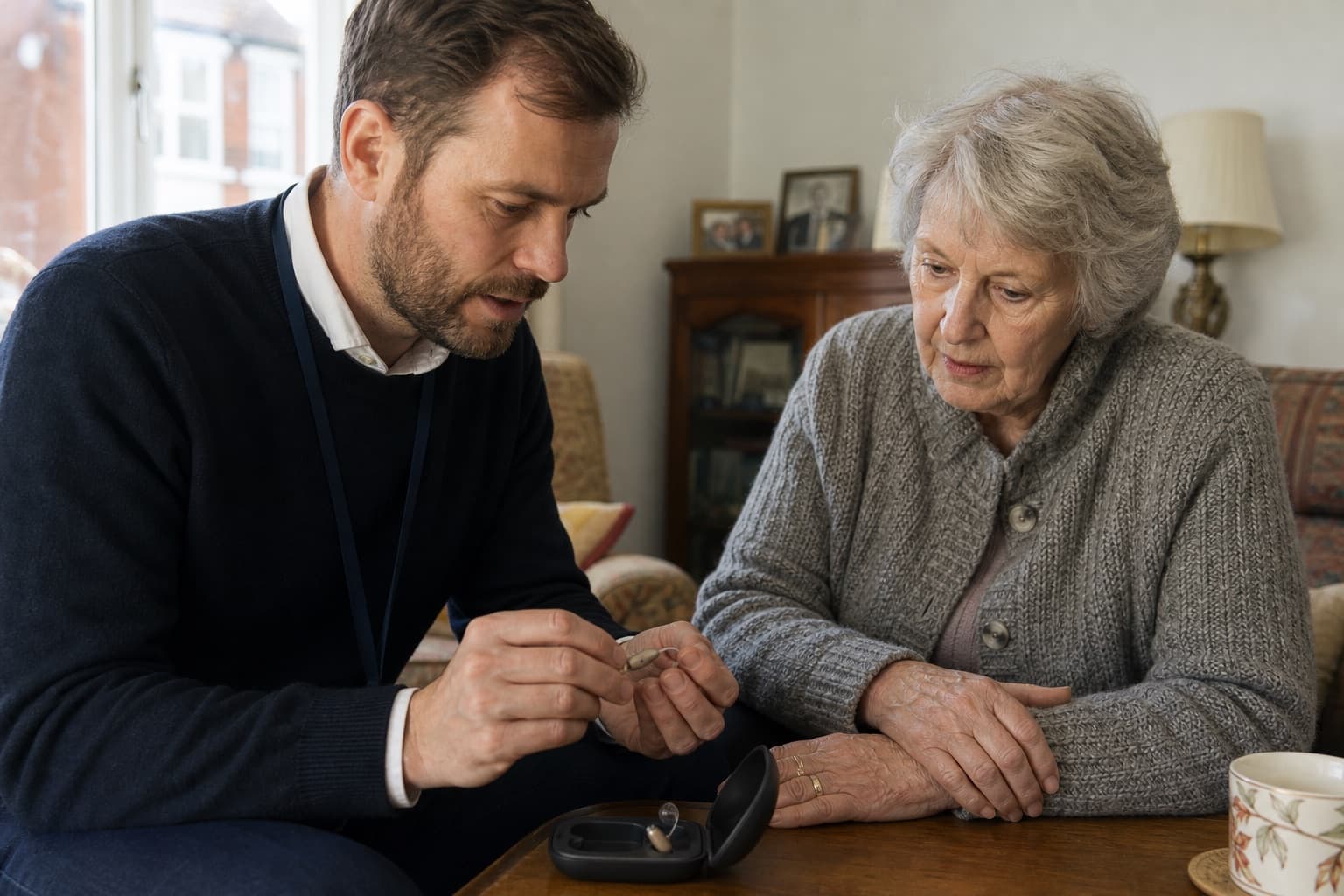 Audiologist and older woman inspecting her existing hearing aids together during a home appointment