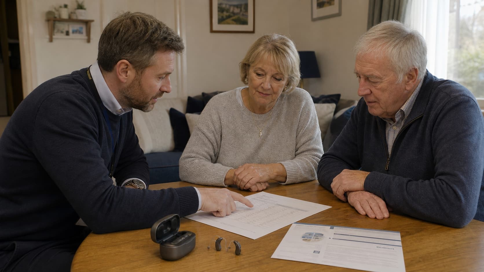 Audiologist reviewing hearing-aid prices, warranty terms and aftercare with a couple at home