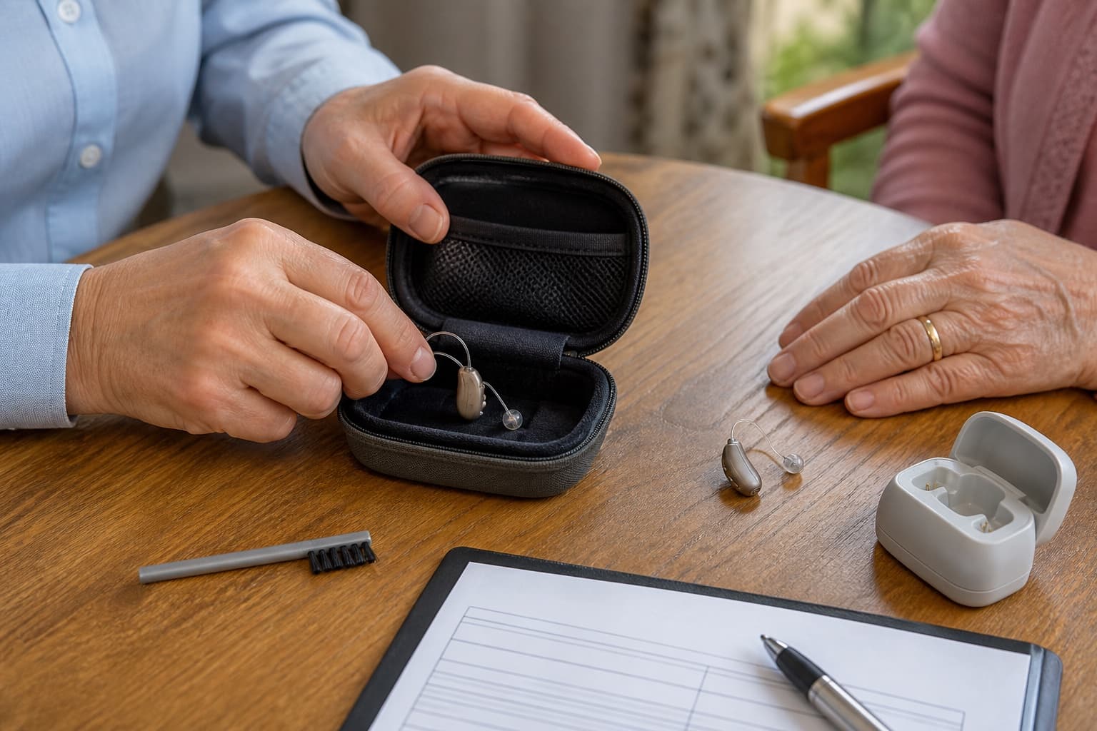 Hearing care professional placing a receiver-in-canal hearing aid into a protective case for repair