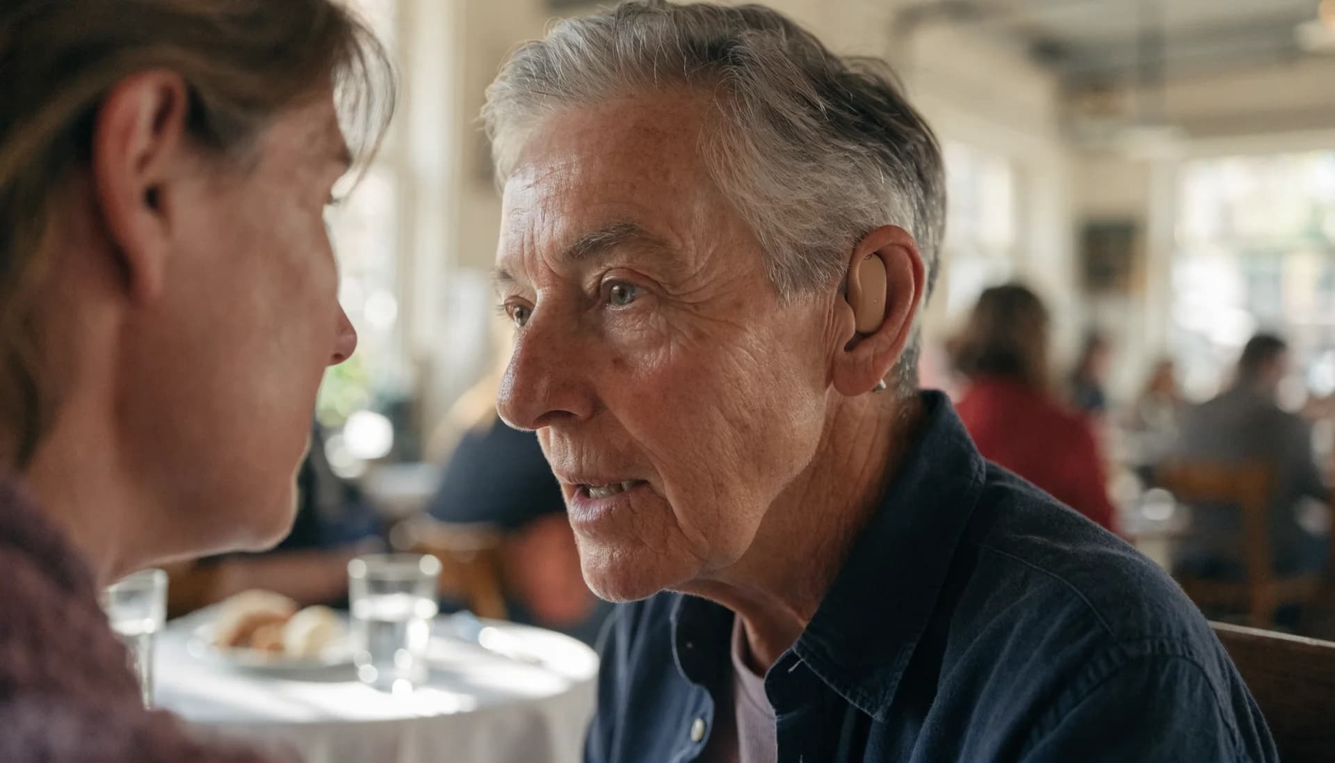 Older hearing-aid wearer having a conversation in a busy café