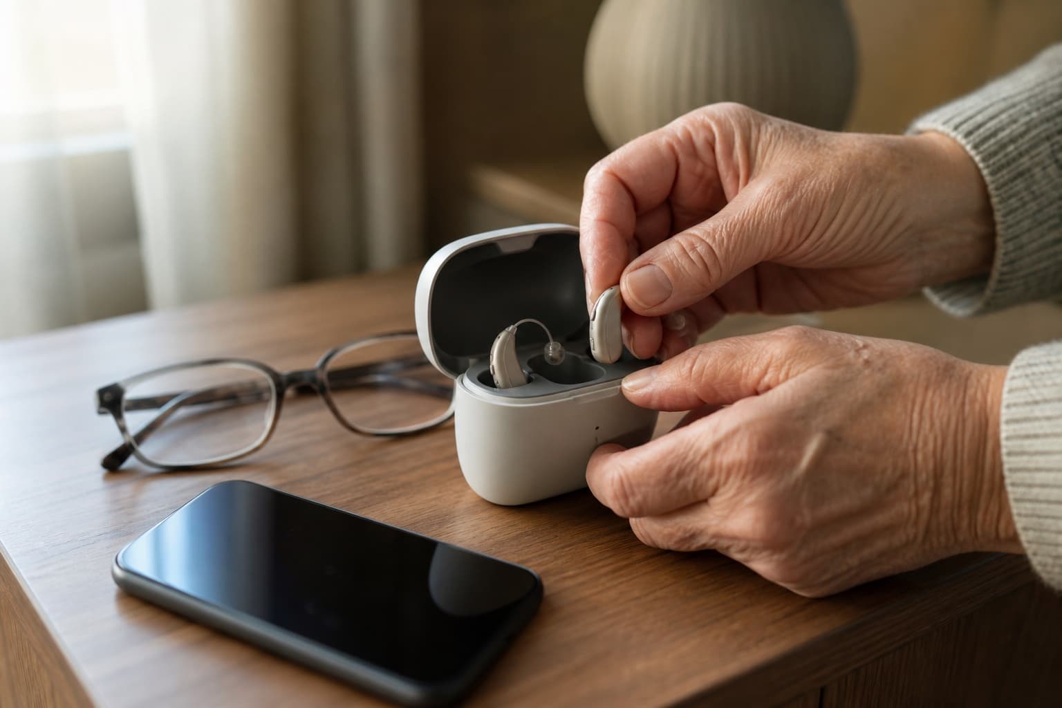 Older adult placing receiver-in-canal hearing aids into a drop-in charger