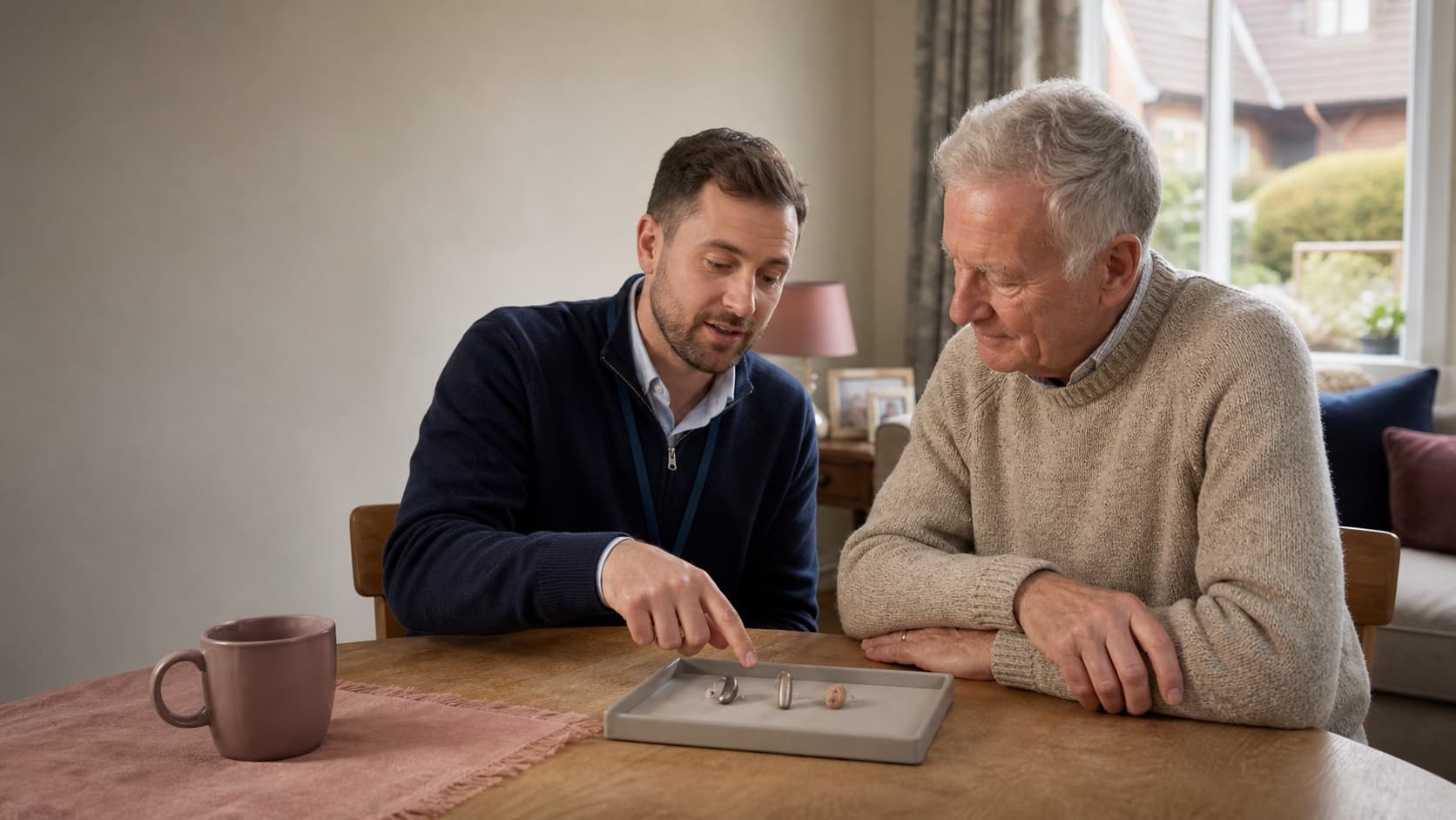 Hearing care professional comparing prescription hearing-aid options with an older adult at home