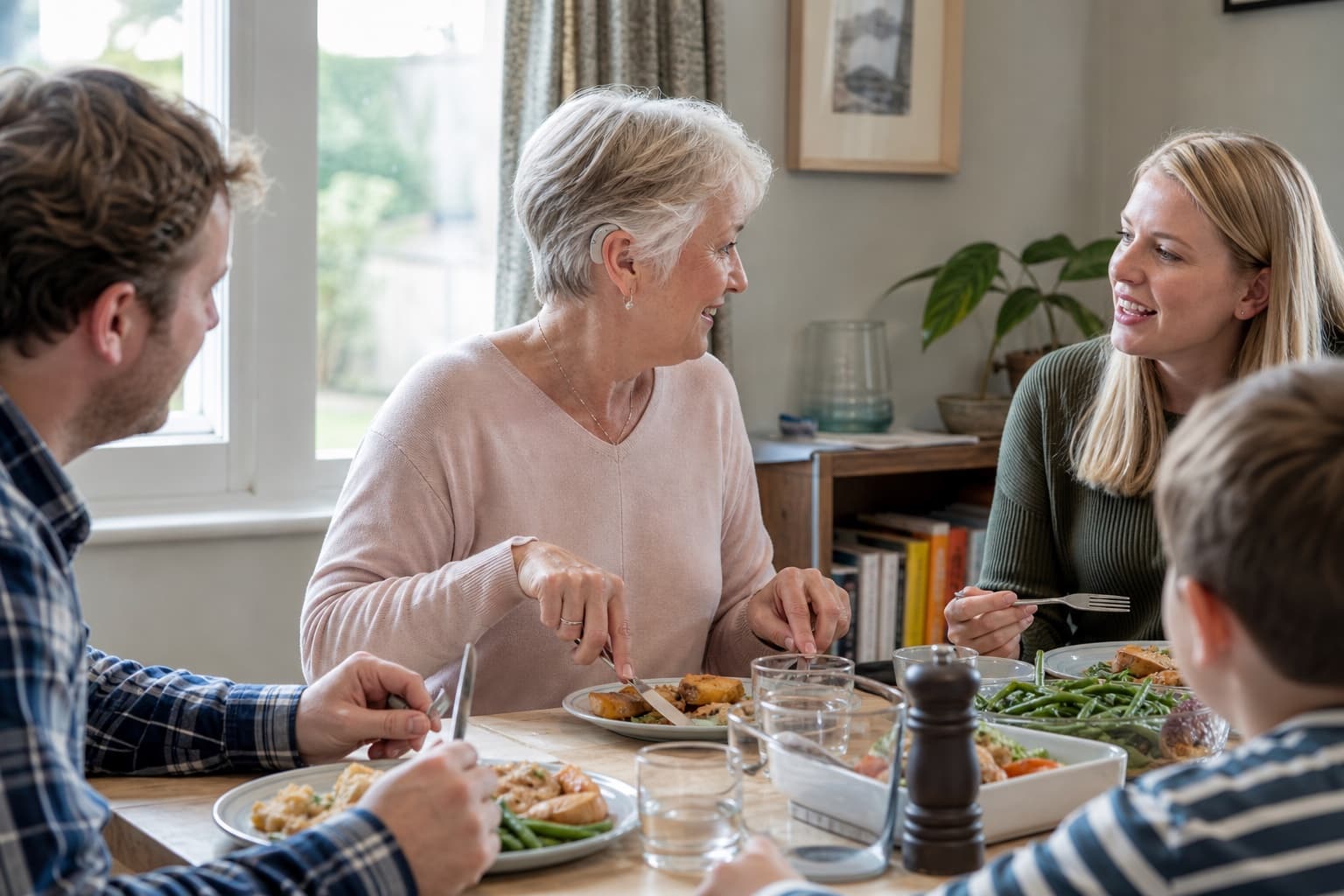 Older hearing-aid wearer following family conversation around a dining table at home