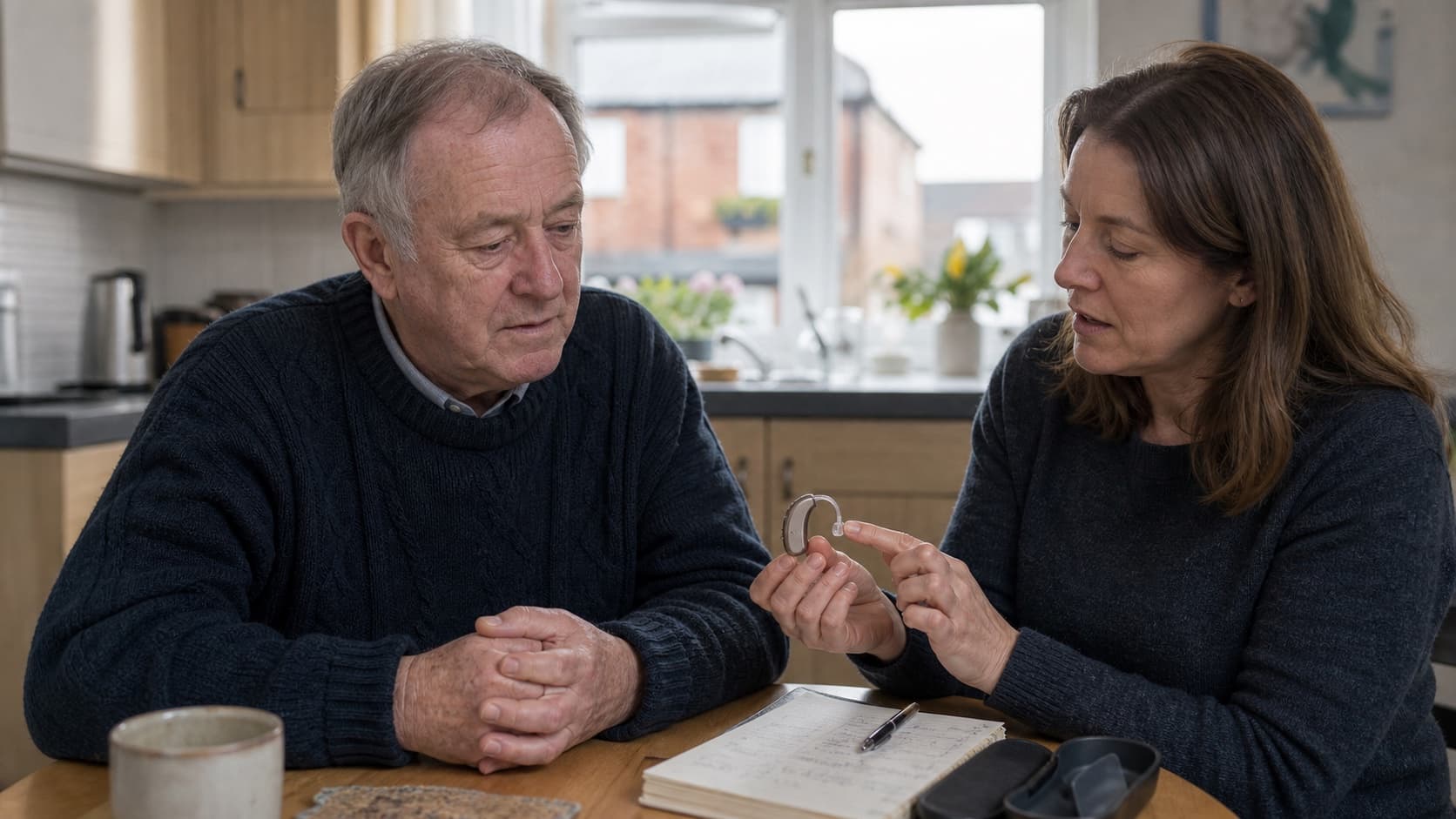 Older man discussing a behind-the-ear hearing aid with a hearing professional at home