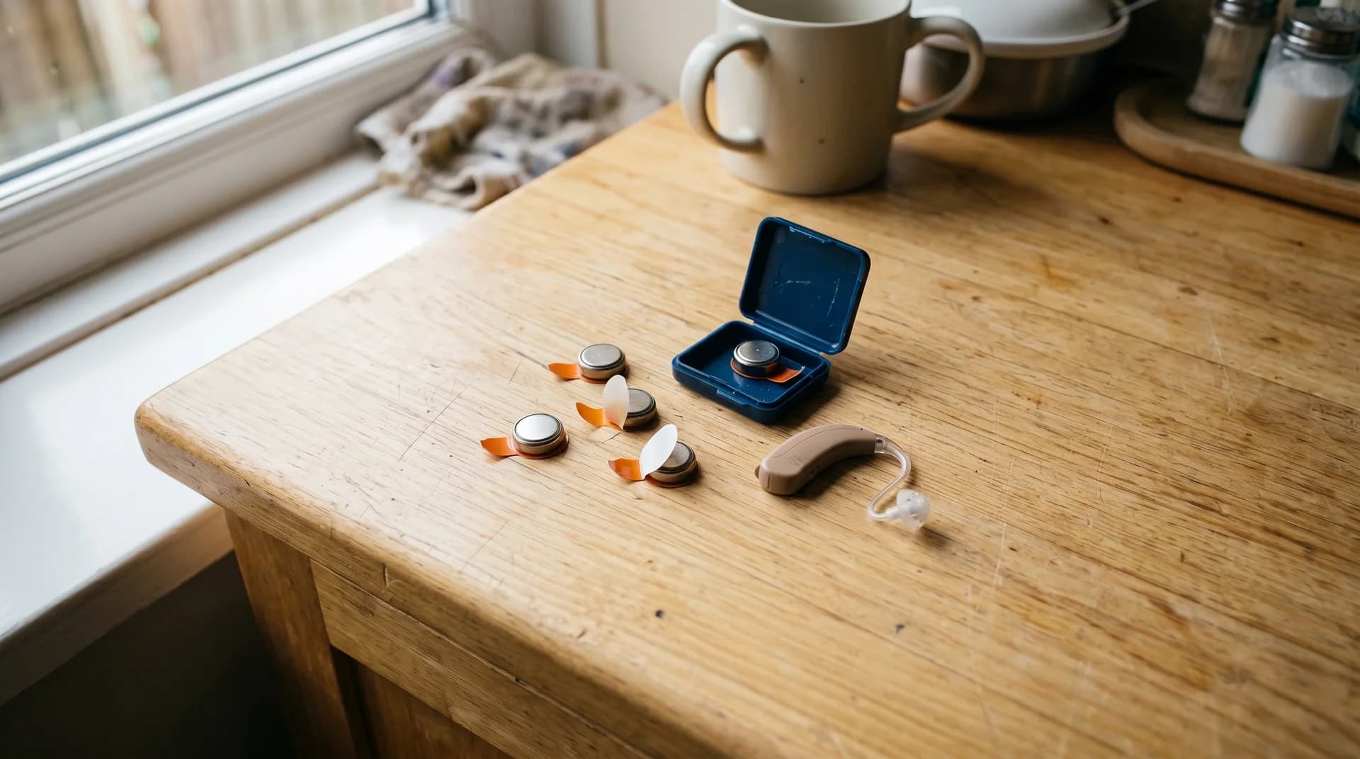 A replaceable-battery hearing aid beside zinc-air button batteries and their storage case
