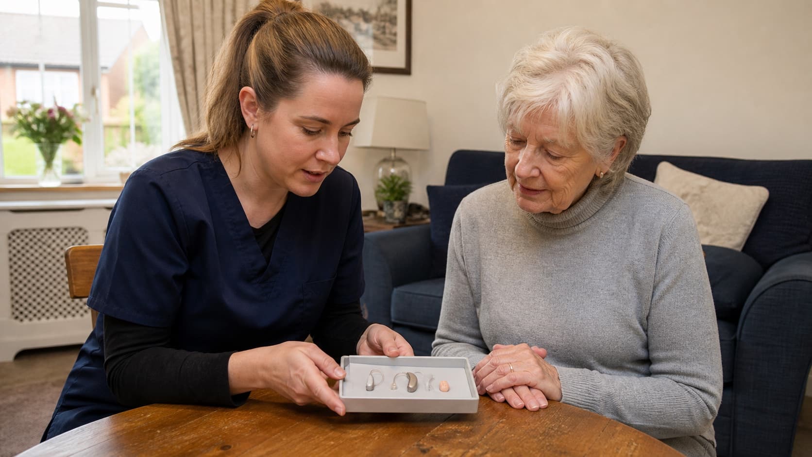 Hearing care professional comparing receiver-in-canal, behind-the-ear and custom hearing-aid styles with an older adult at home