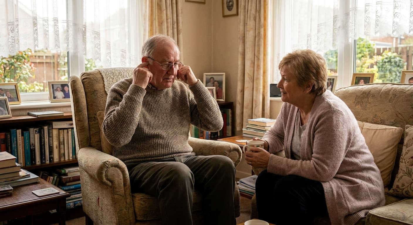 Older man touching his ear in a living room, with his wife nearby, illustrating the experience of blocked ears at home
