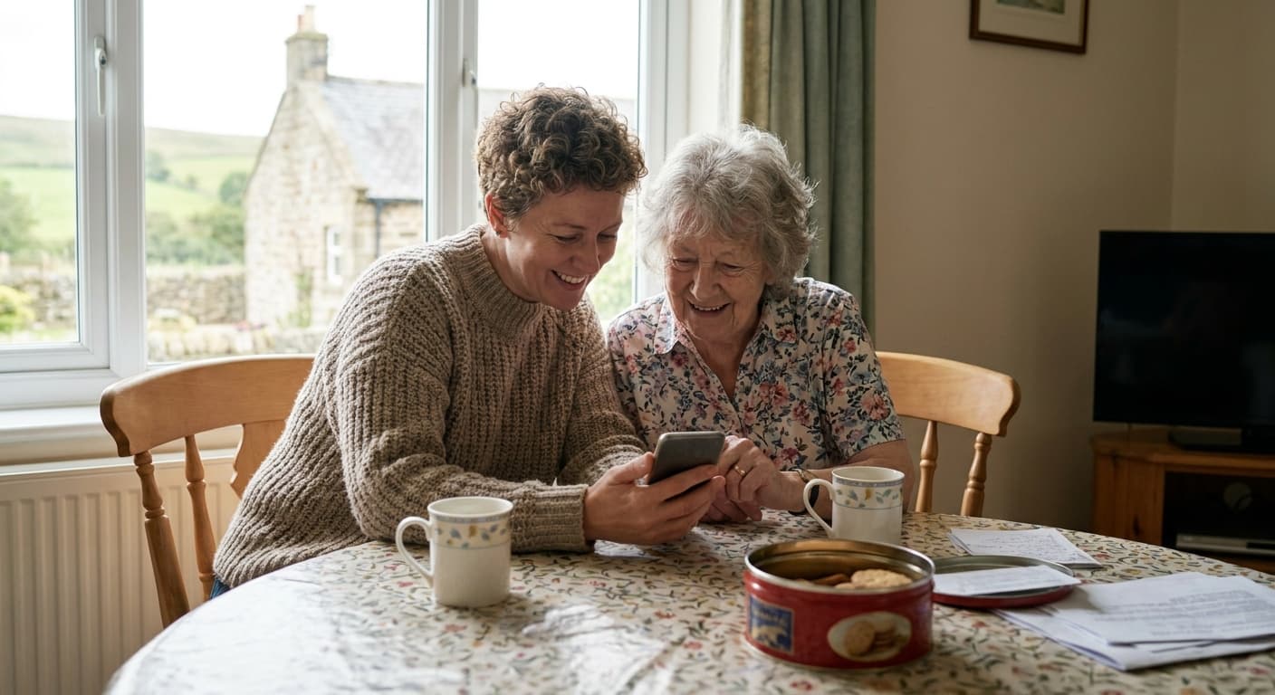 Family member helping an older parent arrange a home hearing test in the North East