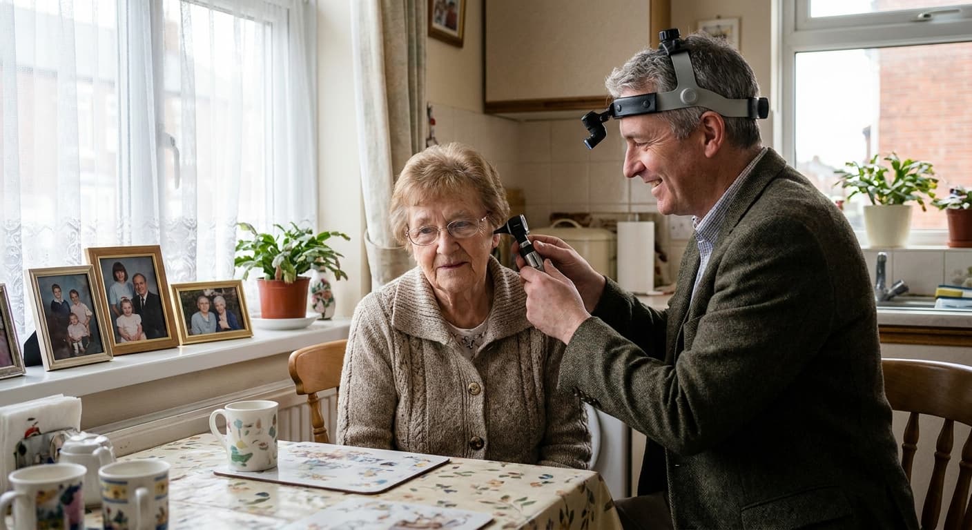 Mobile audiologist performing ear wax removal check for a patient at home in Sunderland