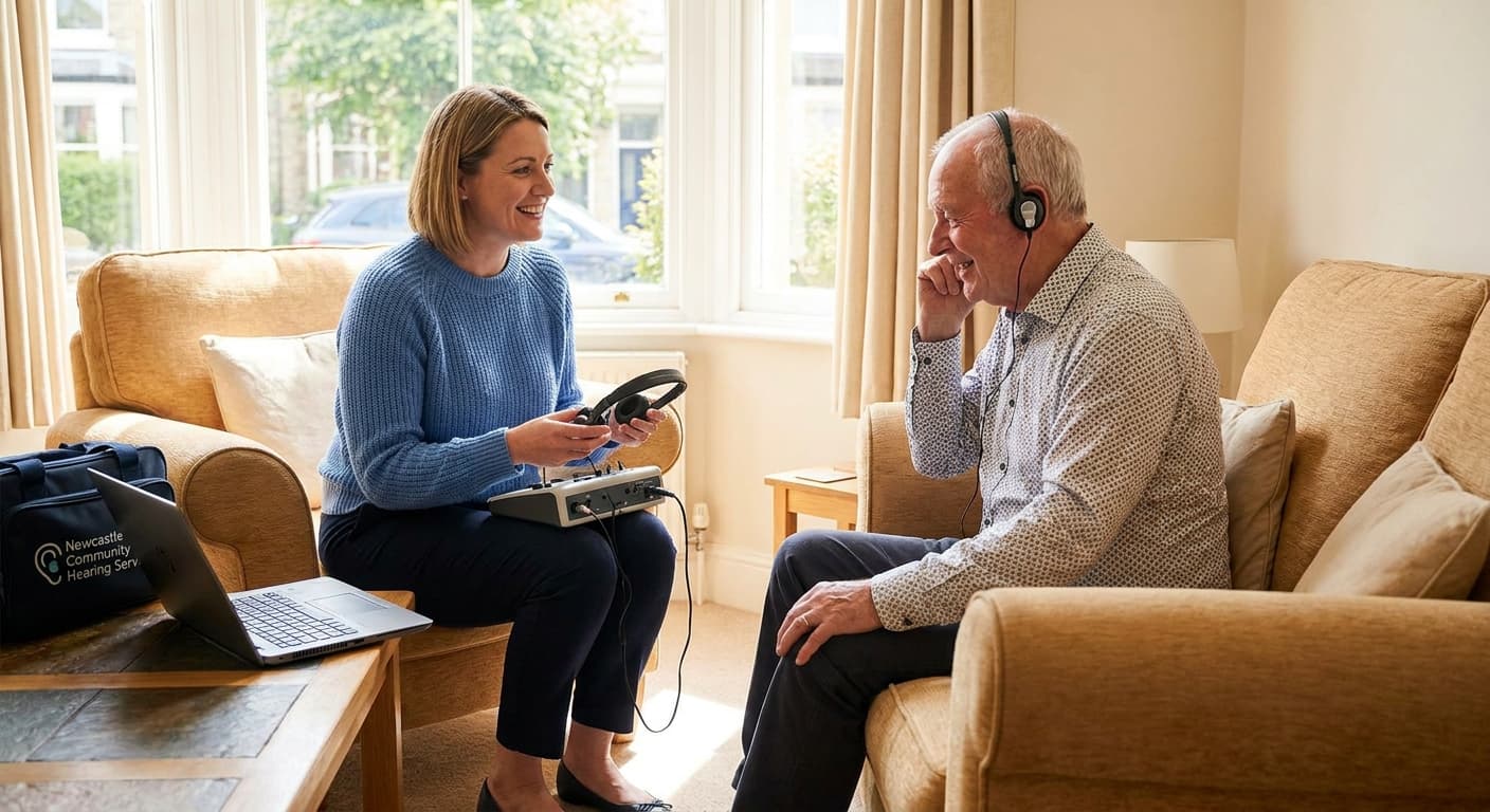 Audiologist conducting a free home hearing test in a Newcastle living room