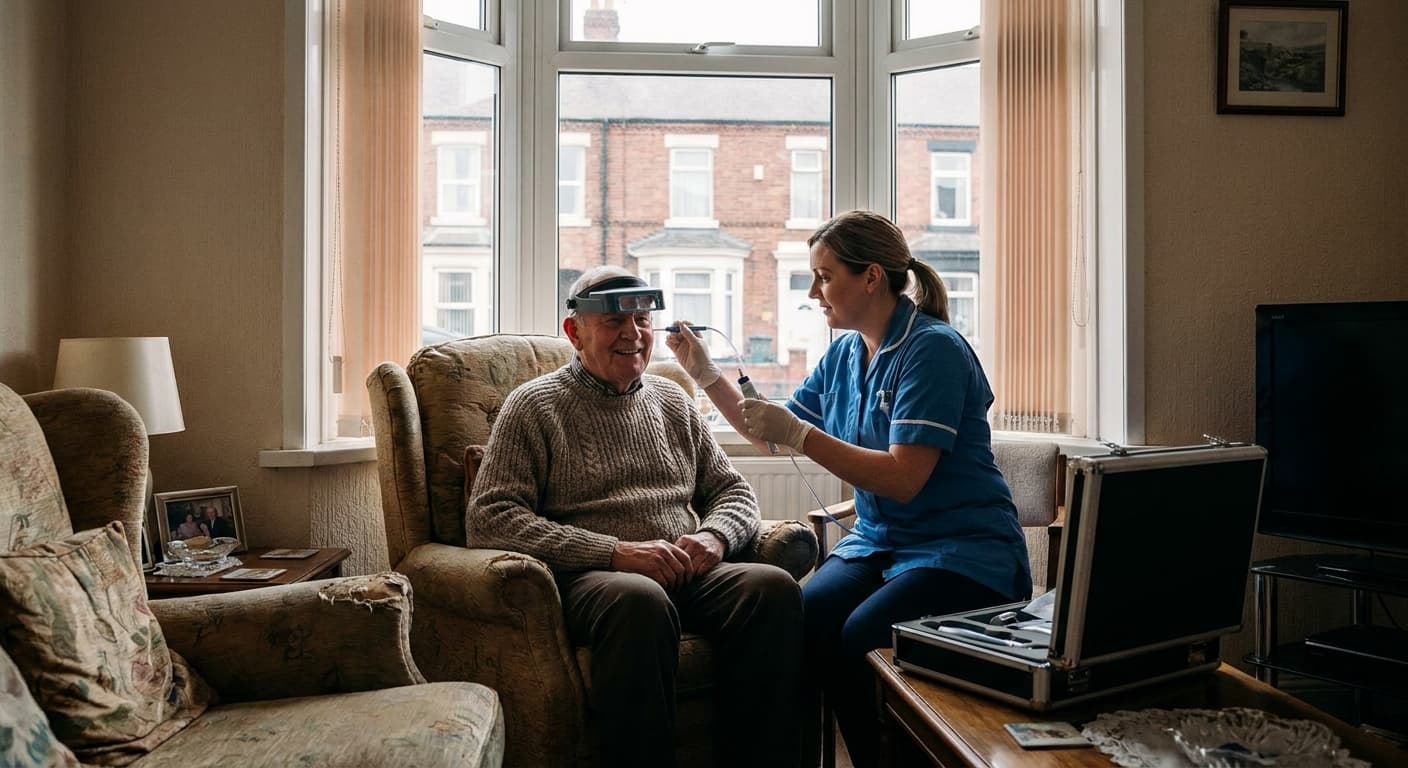 Audiologist performing microsuction ear wax removal during a home visit in the North East