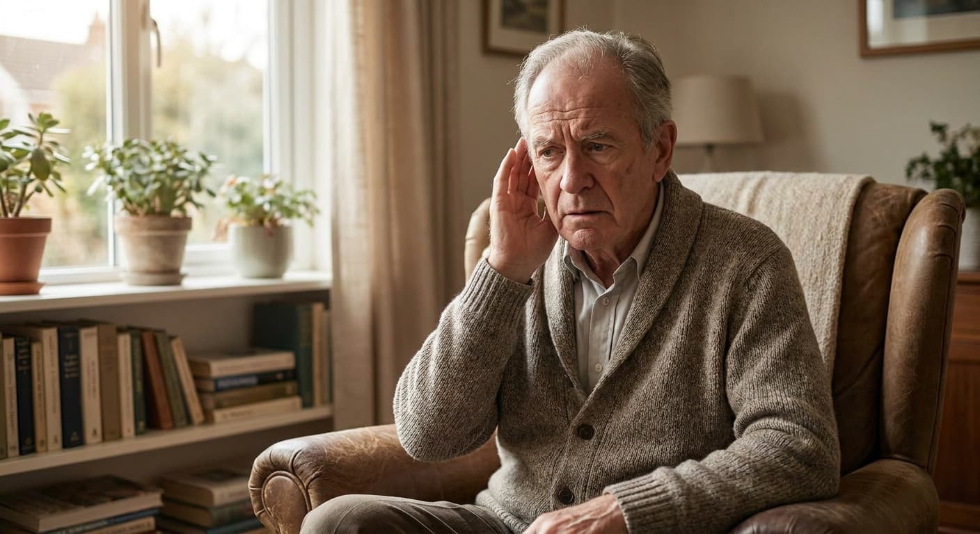 Older adult experiencing muffled hearing possibly caused by ear wax build-up