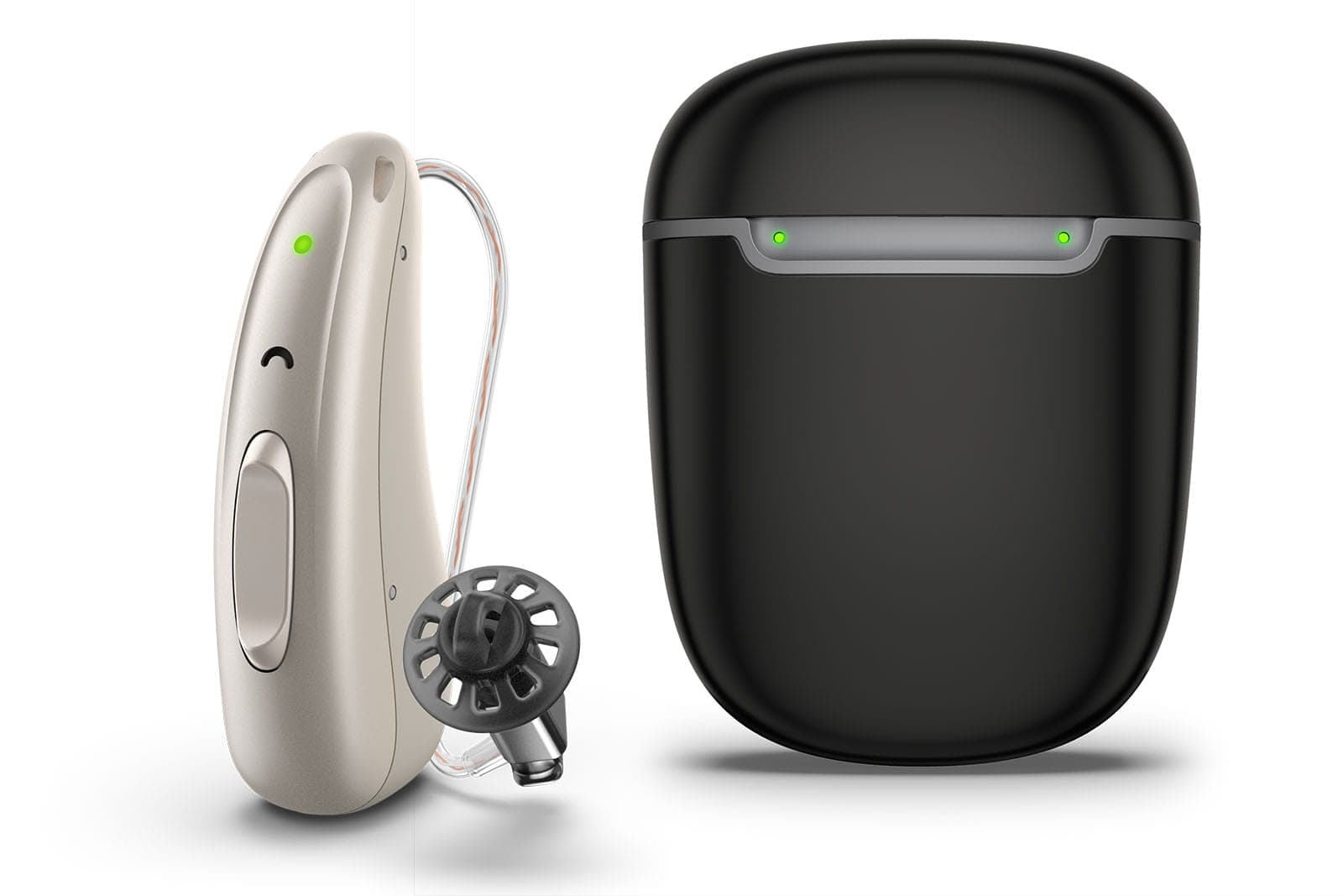 An Audio Service R Li T BC 8 hearing aid beside a black Travel Charger RIC RB