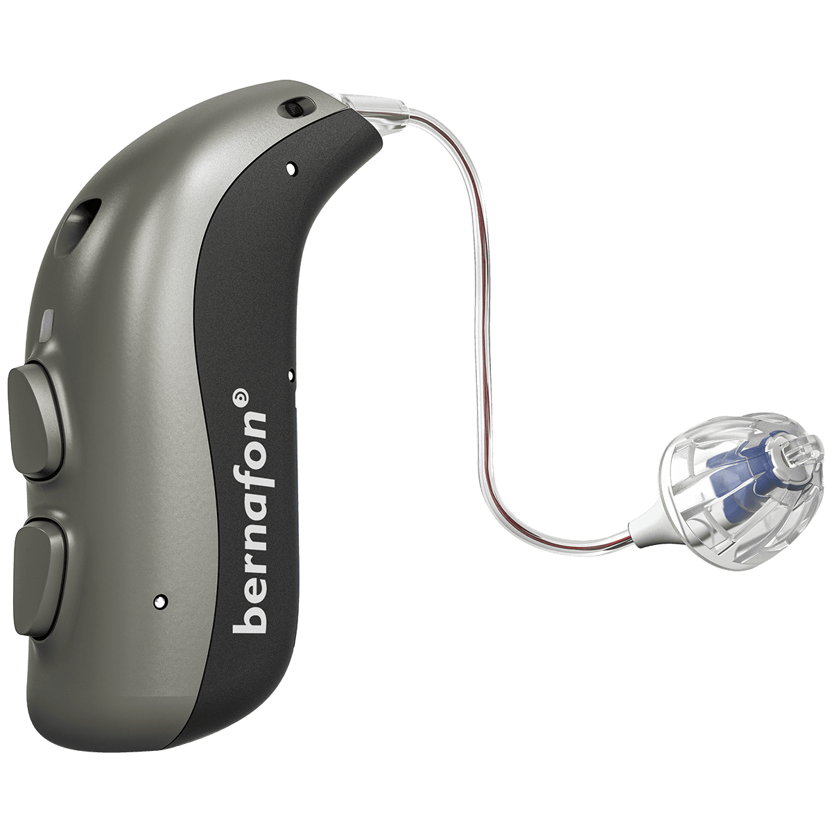 A metallic-silver and dark-grey Bernafon Alpha XT miniRITE T R hearing aid
