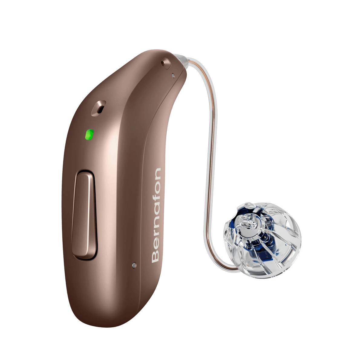 A cocoa-brown Bernafon Encanta miniRITE hearing aid with a slim receiver wire and open ear dome