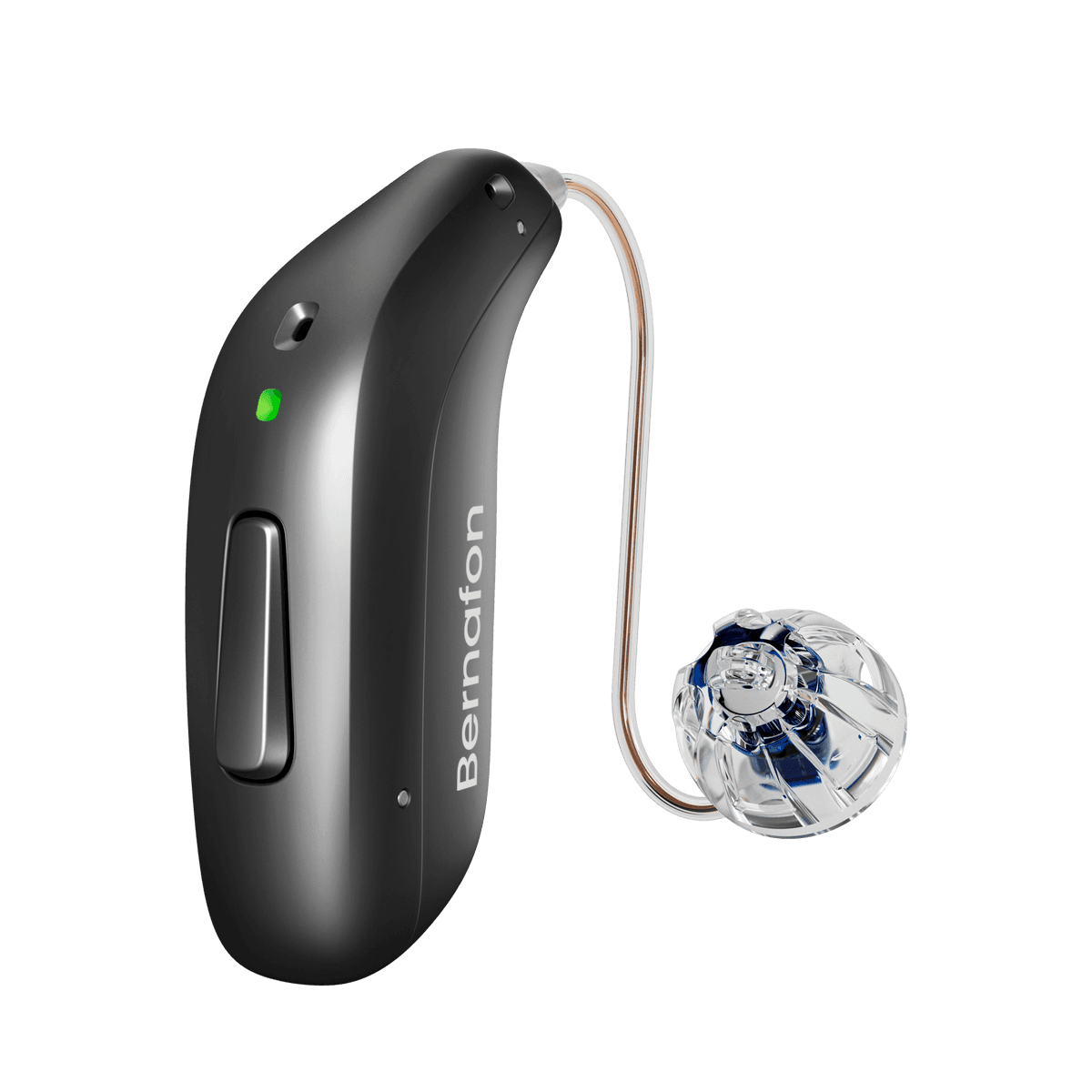 A jet-black Bernafon Encanta miniRITE hearing aid with a green indicator and open ear dome