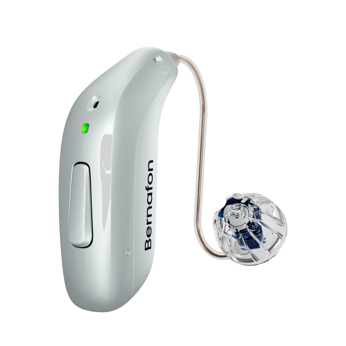 A pearly-silver Bernafon Encanta miniRITE hearing aid with a receiver wire and open ear dome
