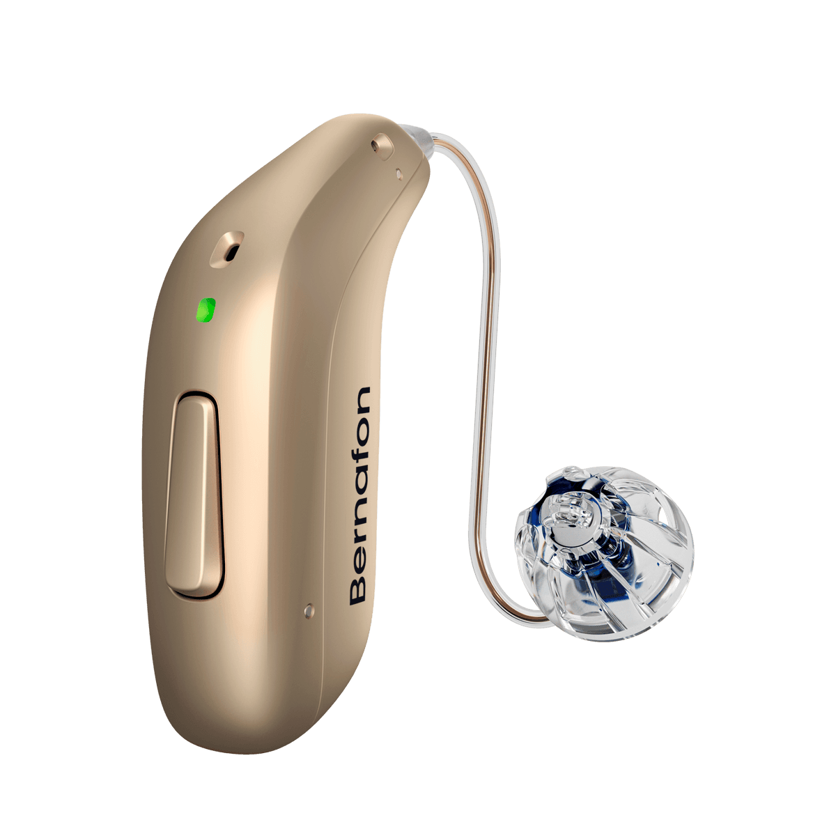 A stone-beige Bernafon Encanta miniRITE hearing aid with a receiver wire and open ear dome