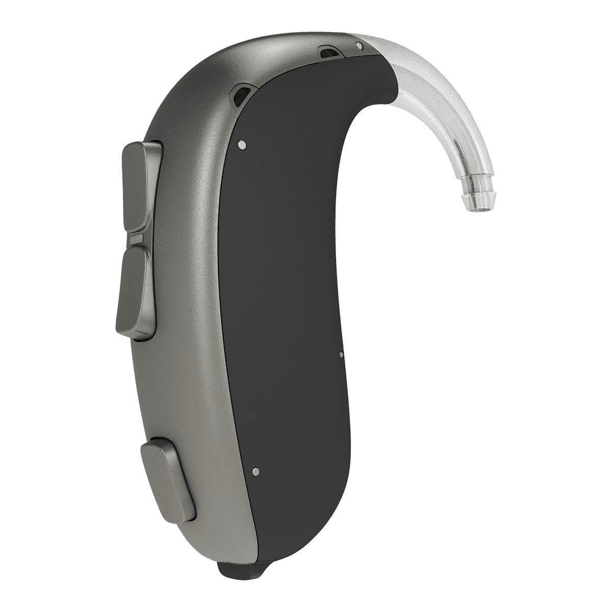 A silver and dark-grey Bernafon Leox power behind-the-ear hearing aid