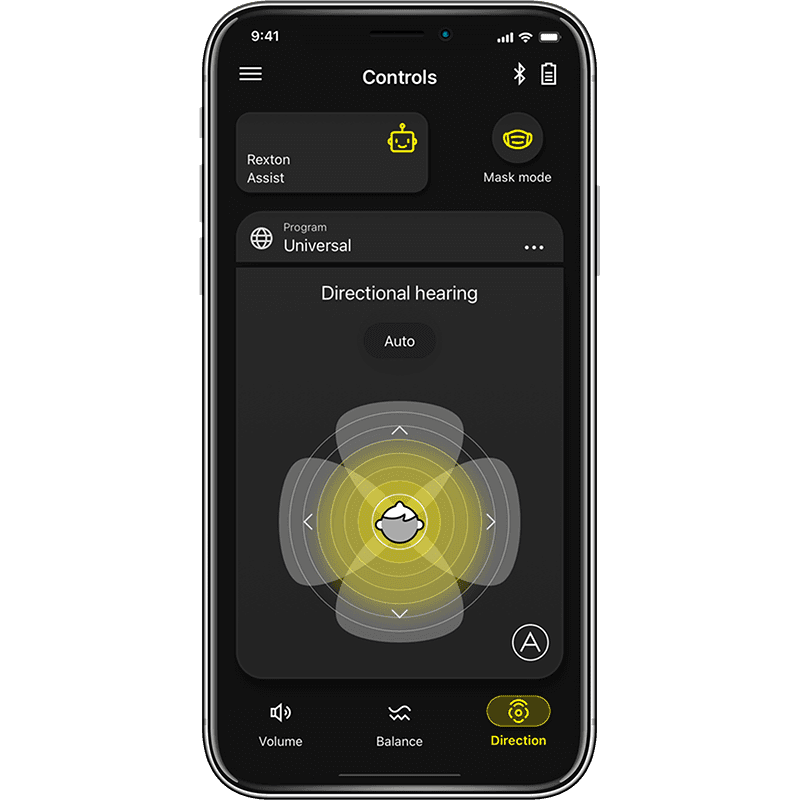 A smartphone displaying the Rexton app volume and directional hearing controls