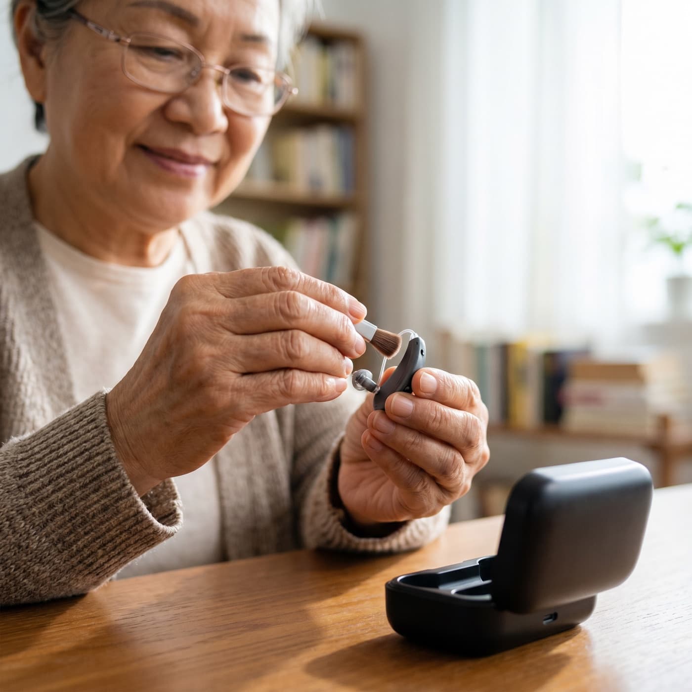 Older woman cleaning her rechargeable hearing aid at home with a charging case nearby