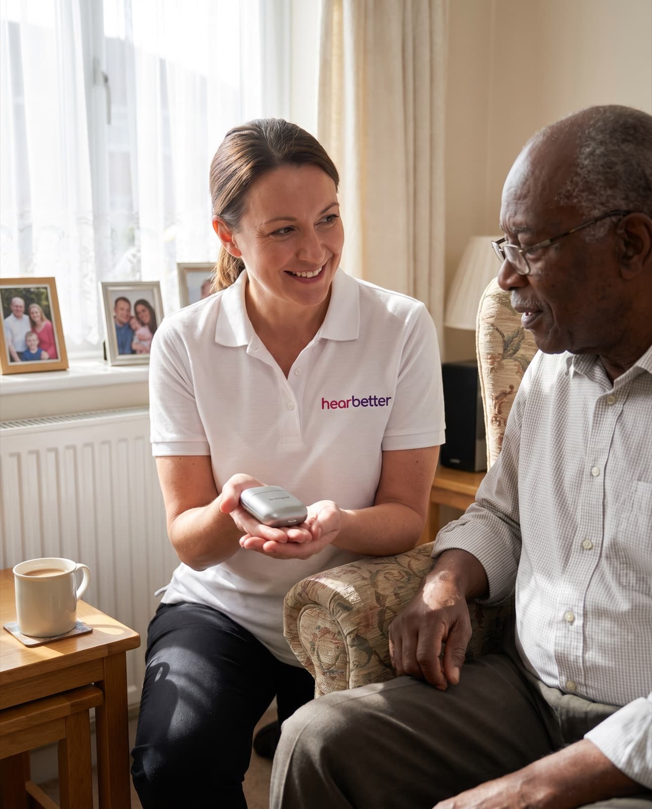 Audiologist showing a modern hearing aid to an older man during a home visit in the North East