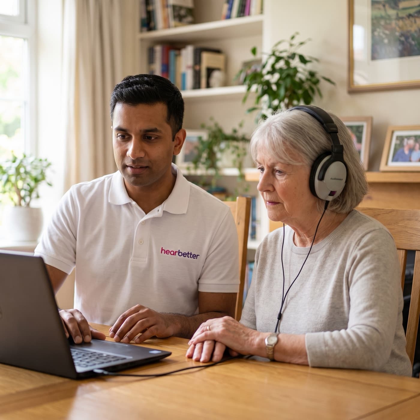 Audiologist carrying out a free home hearing test with an older woman at her dining table