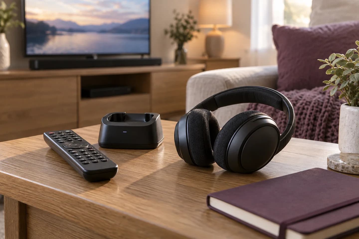 Wireless headphones, a charging base and television remote on an oak living-room table