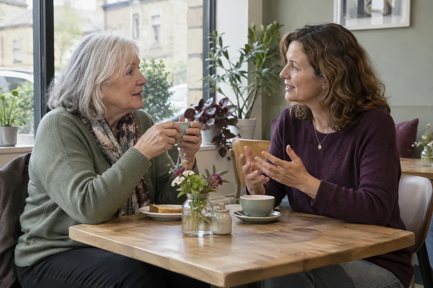 Two women facing each other in conversation at a quiet cafe table by a window