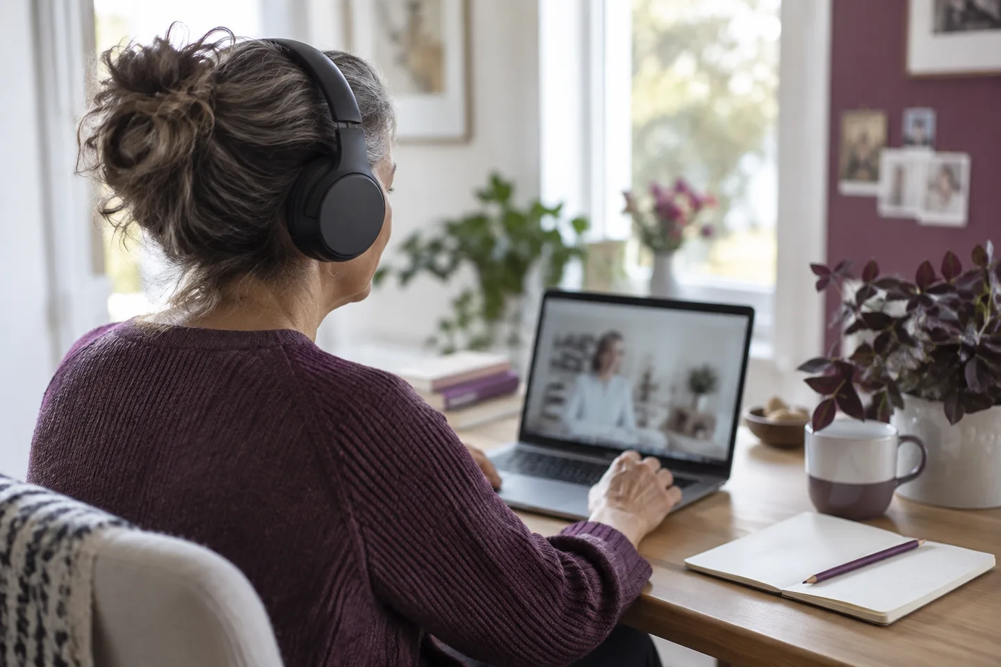 A woman wearing headphones while using a laptop at a sunlit home desk