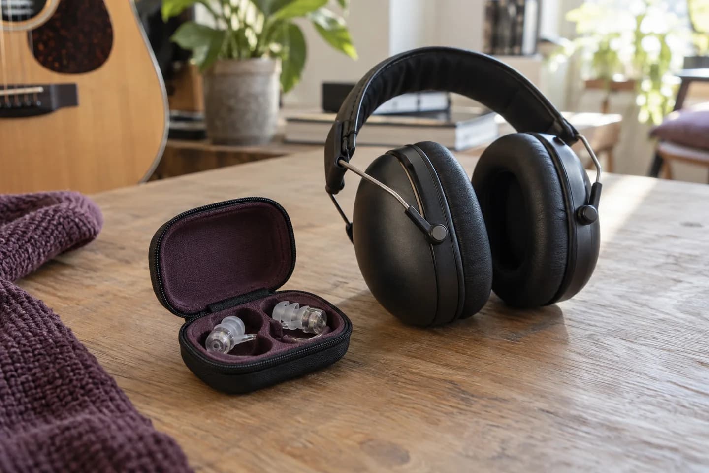 Reusable earplugs in an open case beside black ear defenders on a wooden table