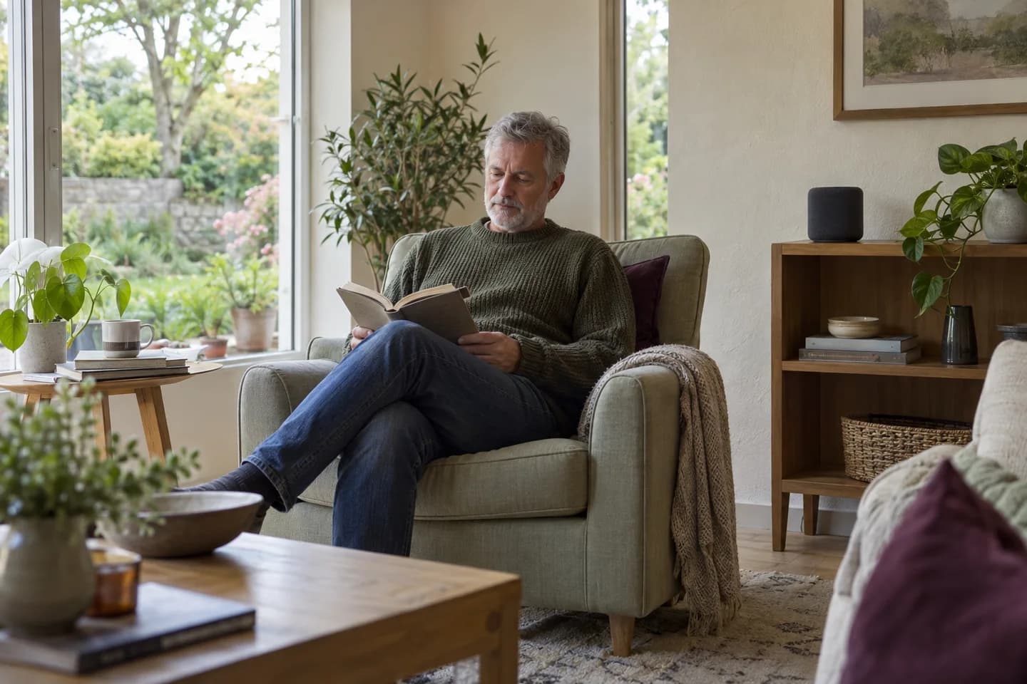 A man reading beside a garden window with a small speaker on a nearby shelf